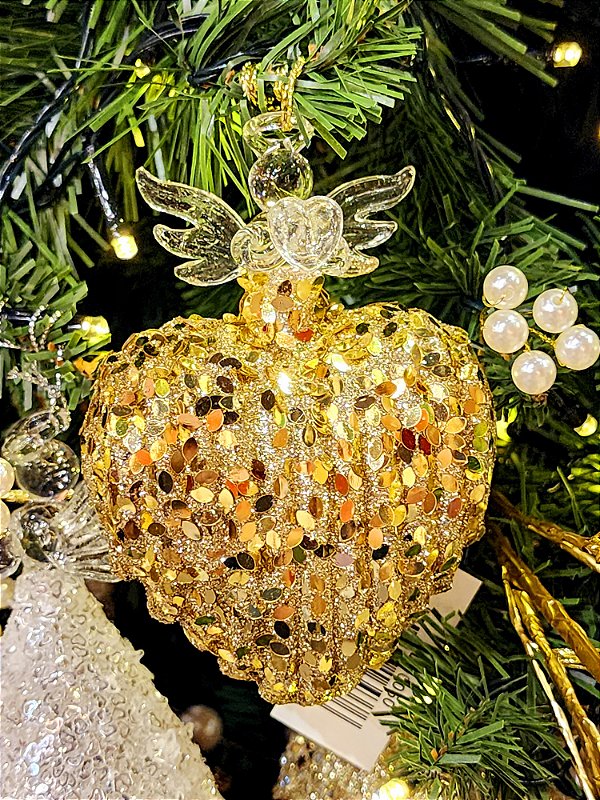 CONJUNTO PENDENTE ORNAMENTO DE VIDRO CORAÇÃO DOURADO COM 2 UNIDADES 11CM - PRÉ VENDA 2025
