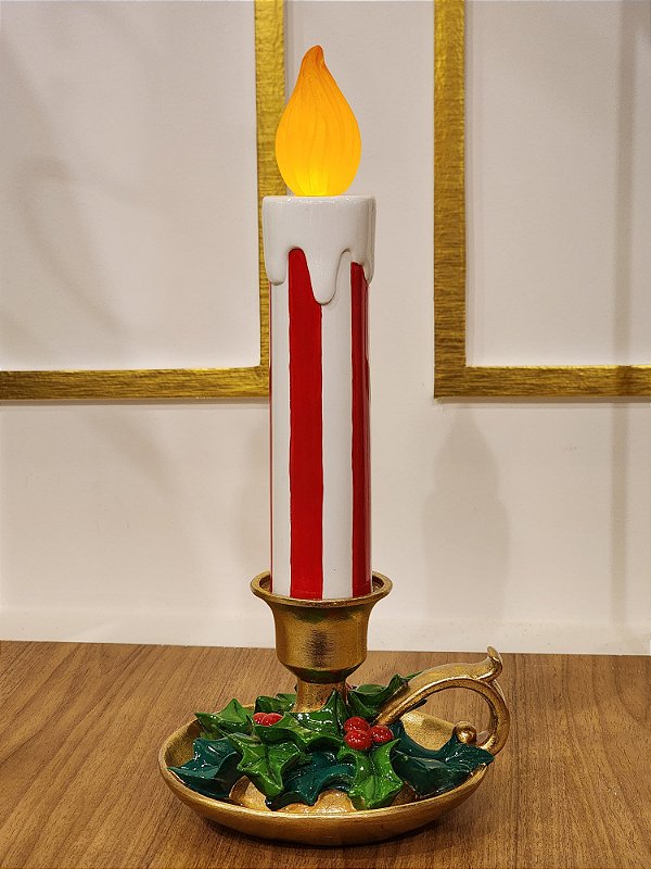 CANDELABRO DECORATIVO EM RESINA VERMELHO E BRANCO COM LED 37,5CM - PRÉ VENDA 2025