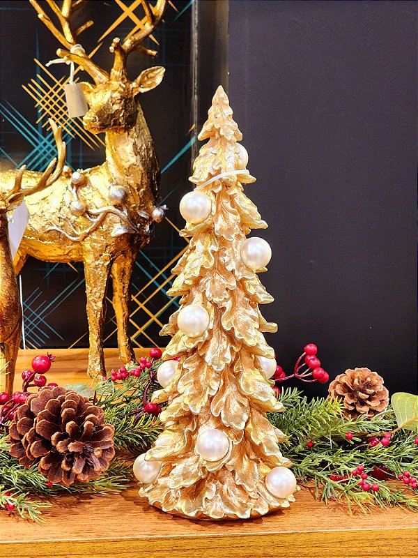 ÁRVORE EM RESINA DECORATIVA DOURADA COM PEROLA 33,5CM - PRÉ VENDA 2025