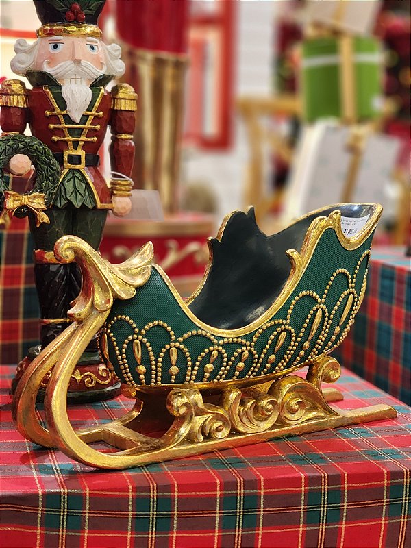 TRENO DECORATIVO EM RESINA VERDE COM DOURADO 33,5CM - PRÉ VENDA 2025