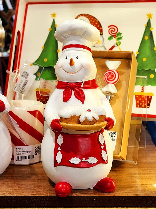 BONECO DE NEVE CONFEITEIRO EM RESINA VERMELHO E BRANCO 23CM - PRÉ VENDA 2025