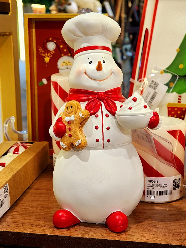 BONECO DE NEVE CONFEITEIRO EM RESINA VERMELHO E BRANCO 23CM - PRÉ VENDA 2025
