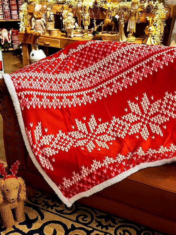 MANTA FLANELADA SHERPA NATALINA ESTAMPADA VEMELHA 127X152CM
