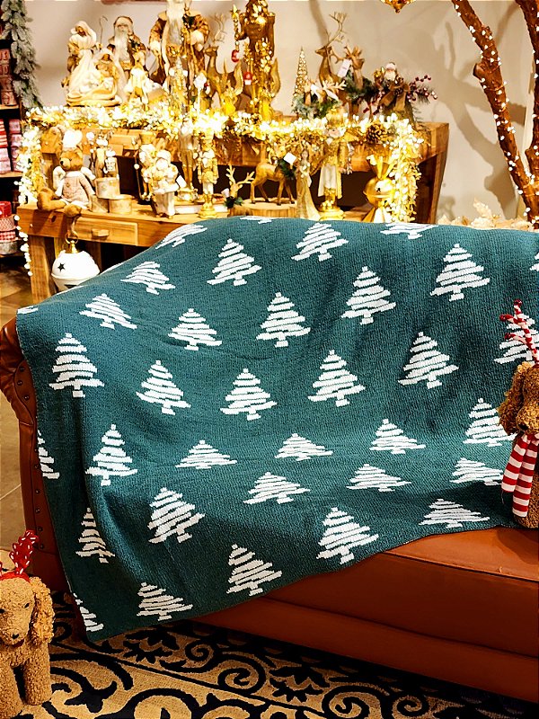 MANTA TRICOTADA ESTAMPADA NATALINA DUPLA FACE VERDE E BRANCO 120X140CM