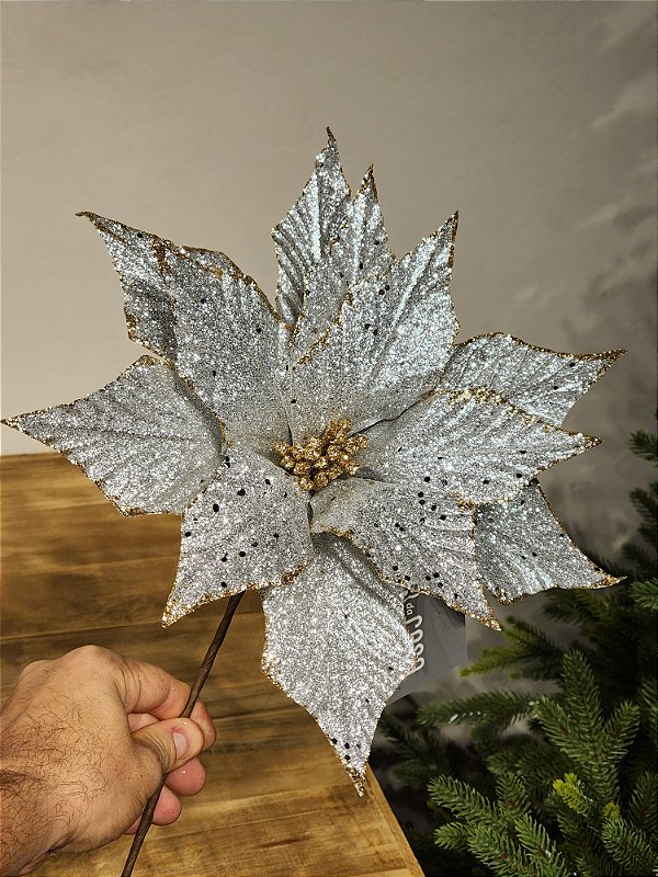 FLOR POINSETIA DECORATIVA PRATA COM BORDA CHAMPANHE 31CM