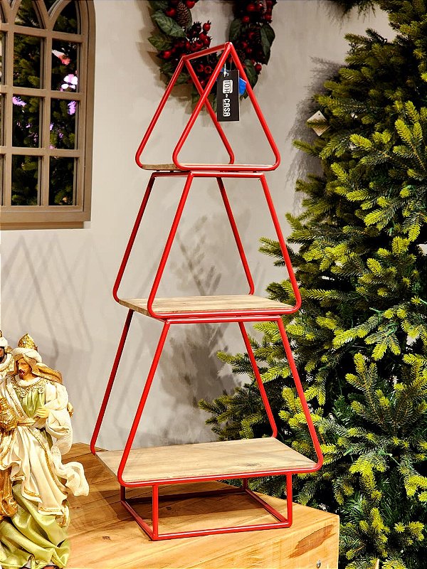 PRATELEIRA DECORATIVA VERMELHA COM MADEIRA ÁRVORE 92CM