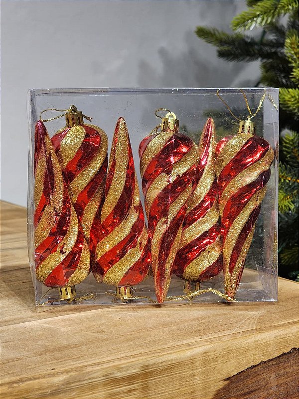 PENDENTE ORNAMENTO VERMELHO E DOURADO 12CM COM 6 UNIDADES