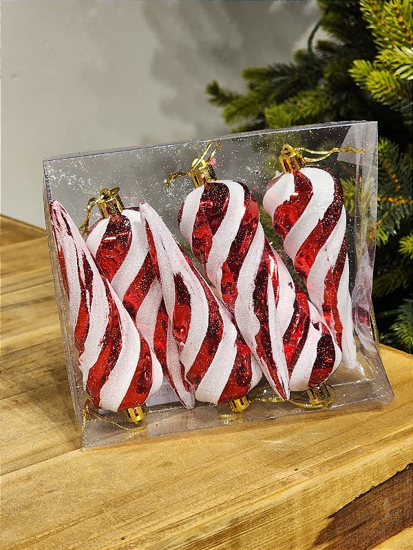 PENDENTE ORNAMENTO VERMELHO E BRANCO 12CM COM 6 UNIDADES