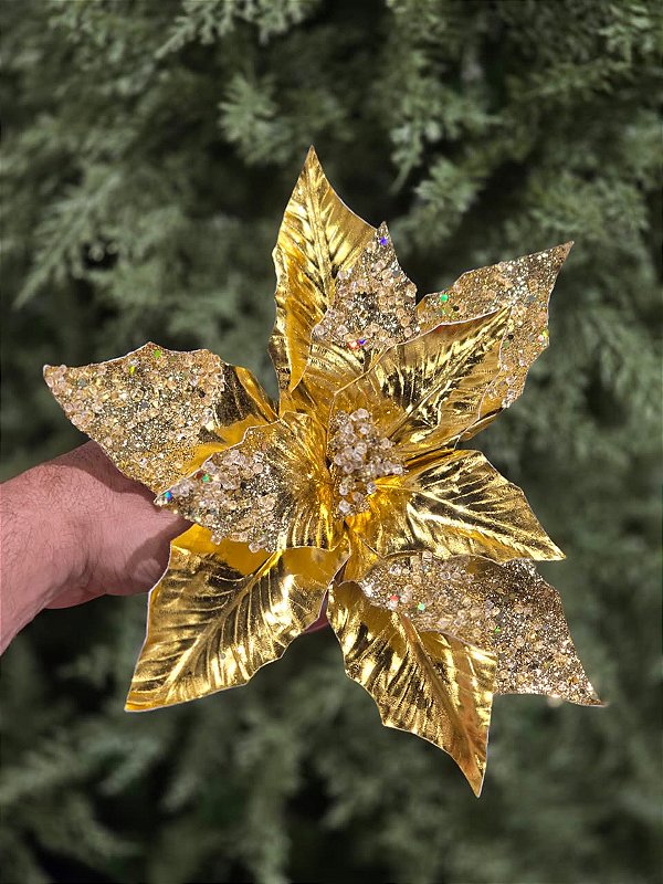 FLOR BICO DE PAPAGAIO POINSETIA GLITTER DOURADO 43,5CM