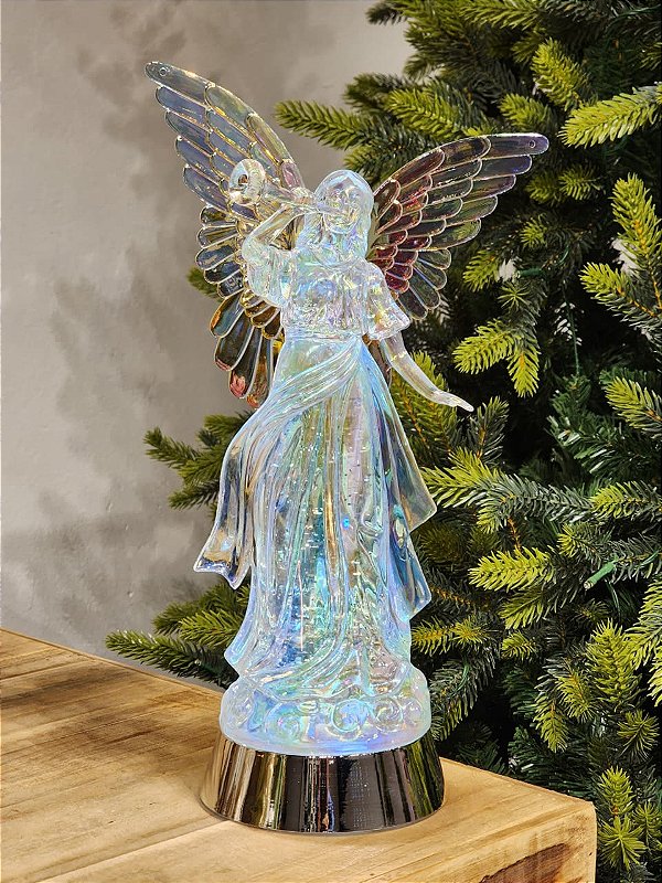 ANJO COM CORNETA ACRÍLICO NACARADO COM LUZ E MOVIMENTO 34,4CM