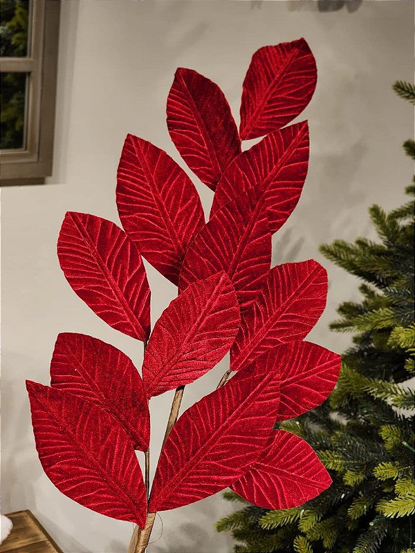 GALHO ARAMADO COM FOLHAS EM VELUDO VERMELHO 73CM
