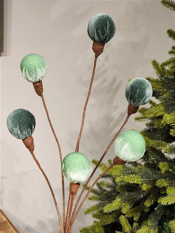 GALHO ARAMADO BOLINHAS VELUDO VERDE E MENTA 65CM