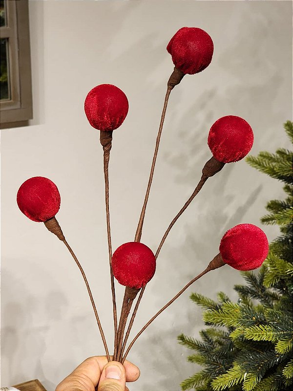 GALHO ARAMADO BOLINHAS VELUDO VERMELHO 65CM