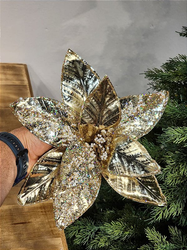 FLOR POINSETIA GLITTER CHAMPANHE 32CM