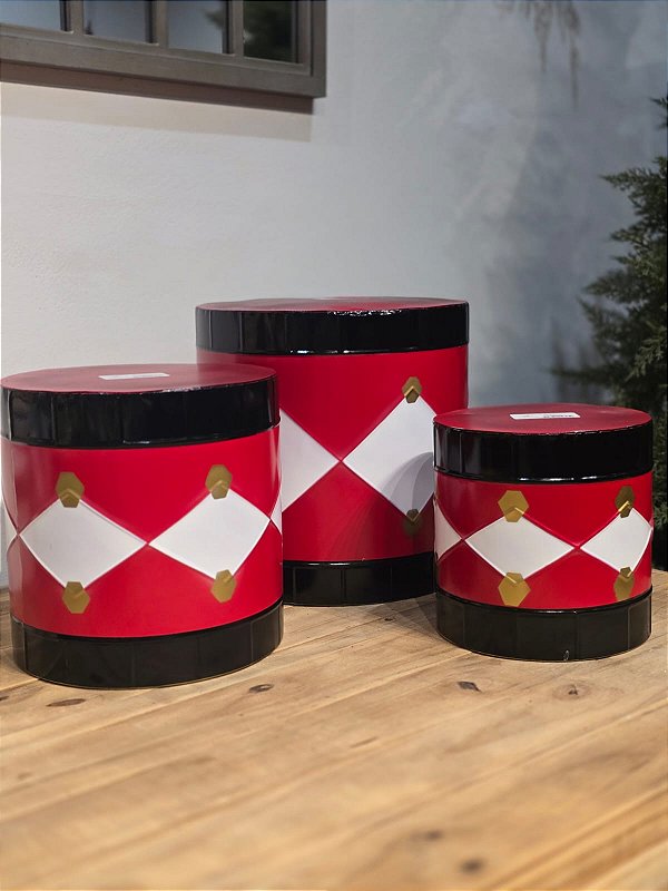 TRIO DE TAMBOR EM METAL DECORADO VERMELHO, PRETO E BRANCO
