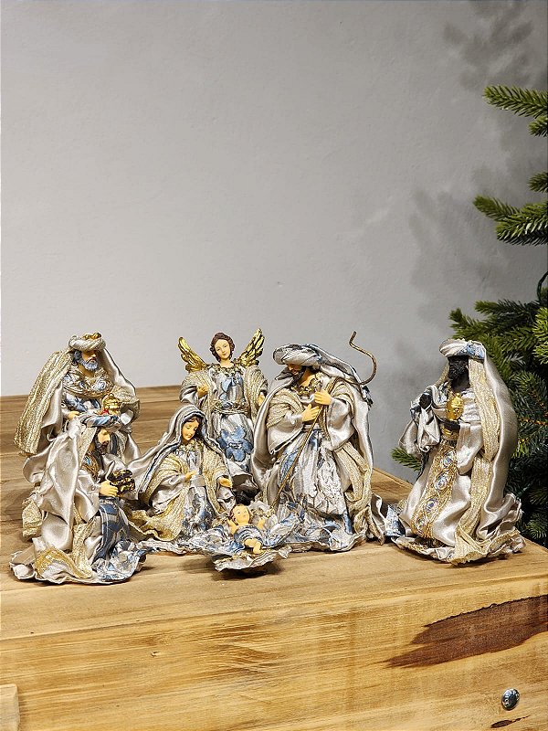 PRESÉPIO RESINA 7 PEÇAS AZUL E CHAMPANHE 15CM