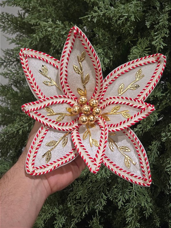 FLOR POINSETIA BRANCO OFF, VERMELHO E DOURADO 19CM