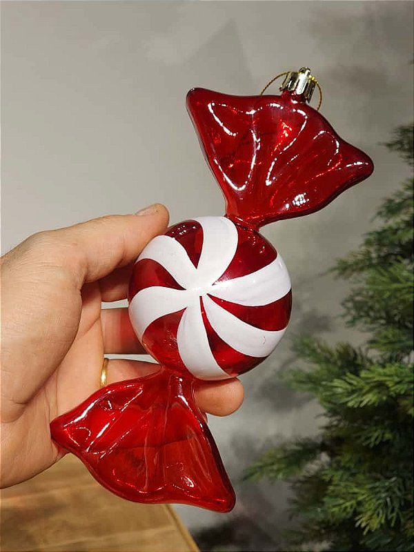 PENDENTE DECORATIVO BALA VERMELHO E BRANCO 15CM