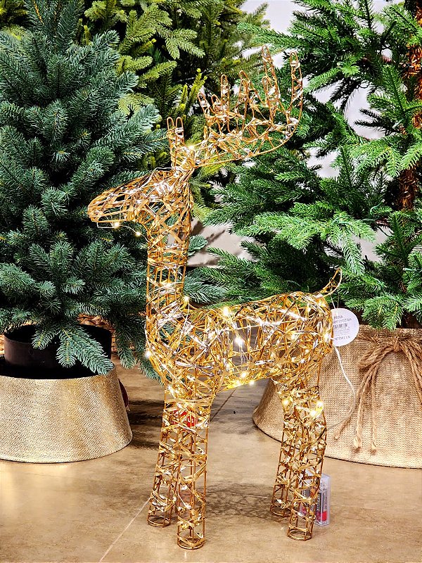 RENA EM PÉ ARAMADA DOURADA COM LED A PILHA 66,5CM