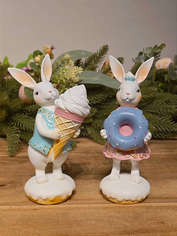 CASAL DE COELHOS COM SORVETE E DONUTS 18CM