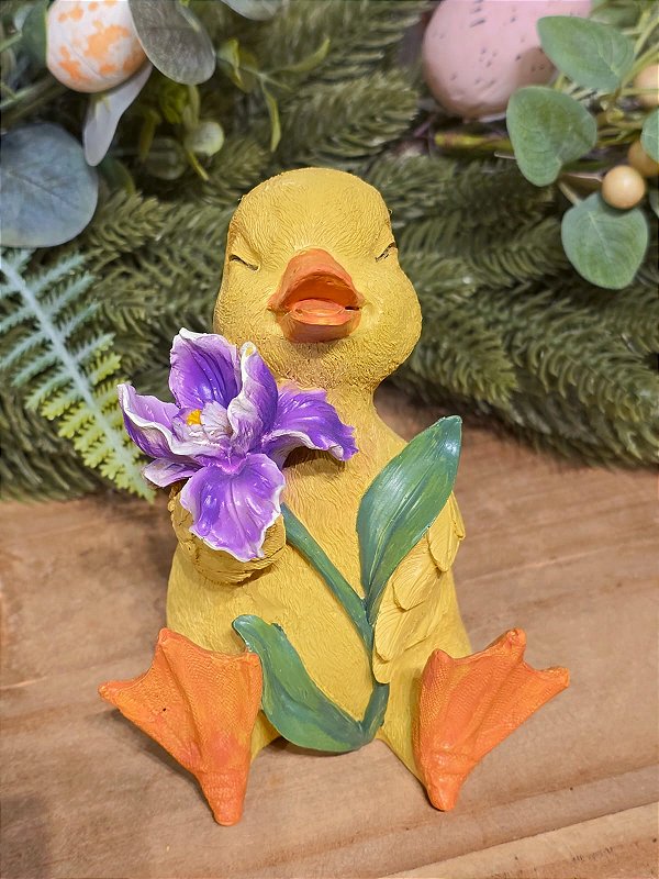 PATO AMARELO COM FLORES 13CM