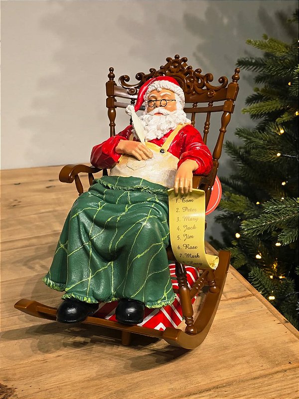 PAPAI NOEL DORMINDO NA CADEIRA DE BALANÇO EM RESINA SUPER LUXO 19CM