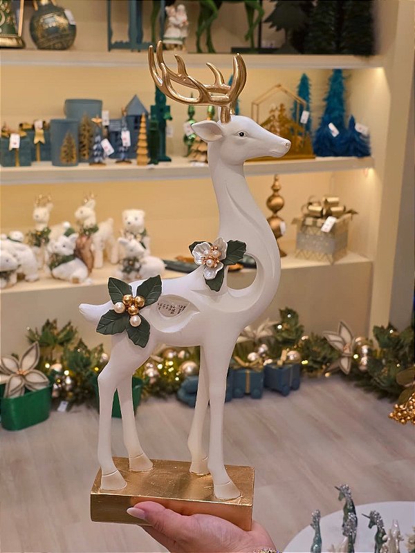 RENA EM PÉ BRANCA VERDE E DOURADA COM PEROLAS 42CM - PRÉ VENDA 2026