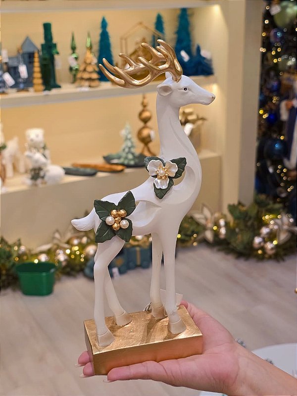 RENA EM PÉ BRANCA VERDE E DOURADA COM PEROLAS 30,5CM - PRÉ VENDA 2026