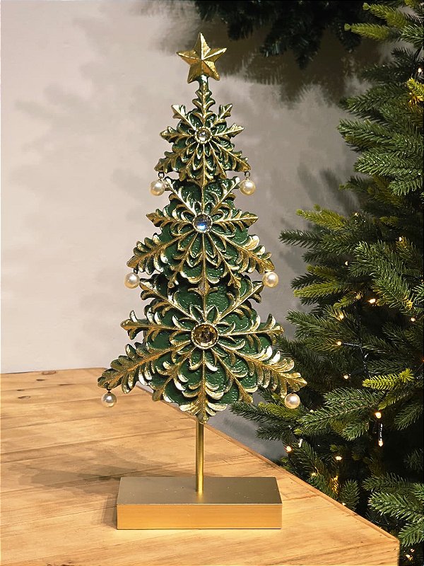 ÁRVORE EM RESINA COM PEROLAS VERDE E DOURADO 48CM