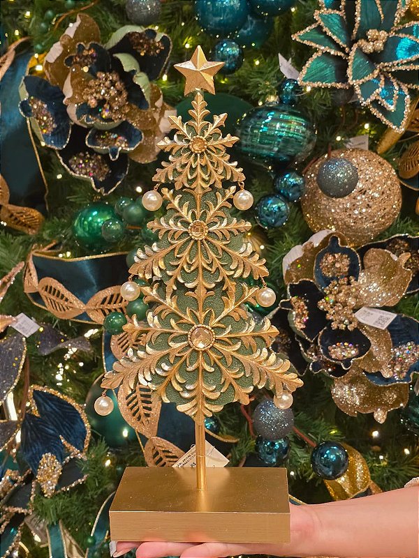 ÁRVORE EM RESINA COM PEROLAS VERDE E DOURADO 48CM - PRÉ VENDA 2026