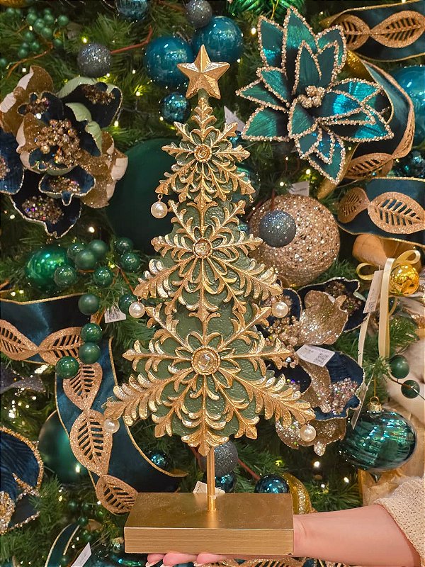 ÁRVORE EM RESINA COM PEROLAS VERDE E DOURADO 37,5CM - PRÉ VENDA 2026