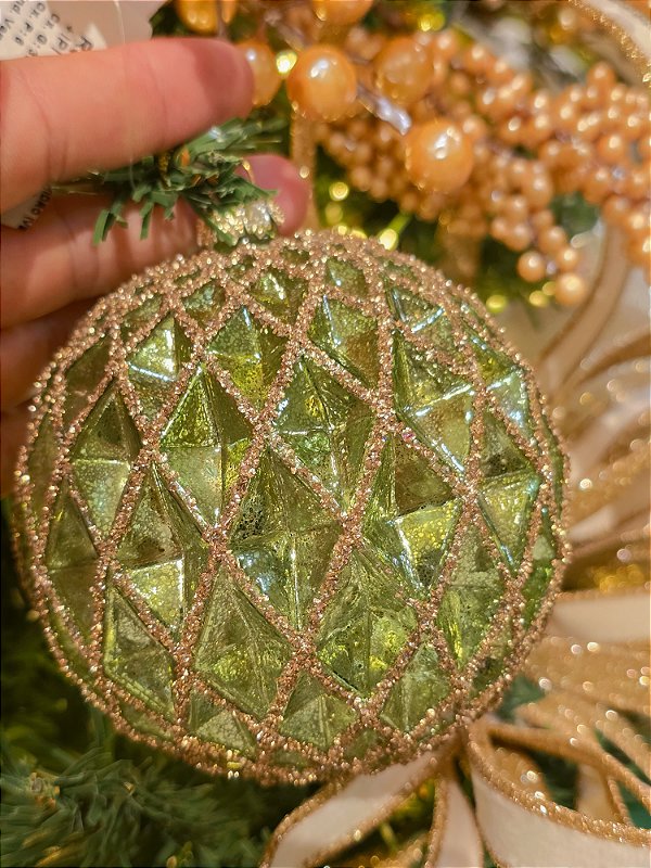 BOLA DE VIDRO VERDE COM DOURADO 11,4CM - PRÉ VENDA 2026