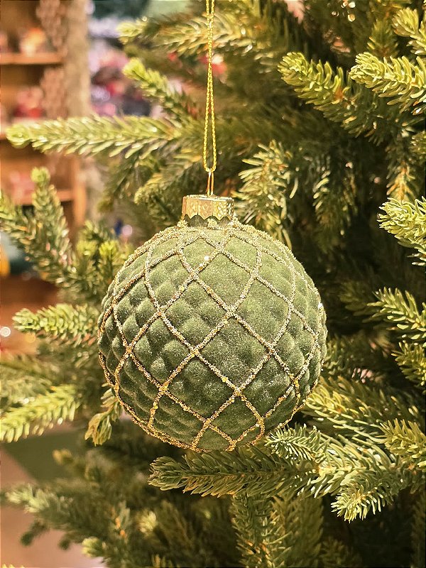 BOLA DE VIDRO VERDE VELUDO COM DOURADO 9,5CM