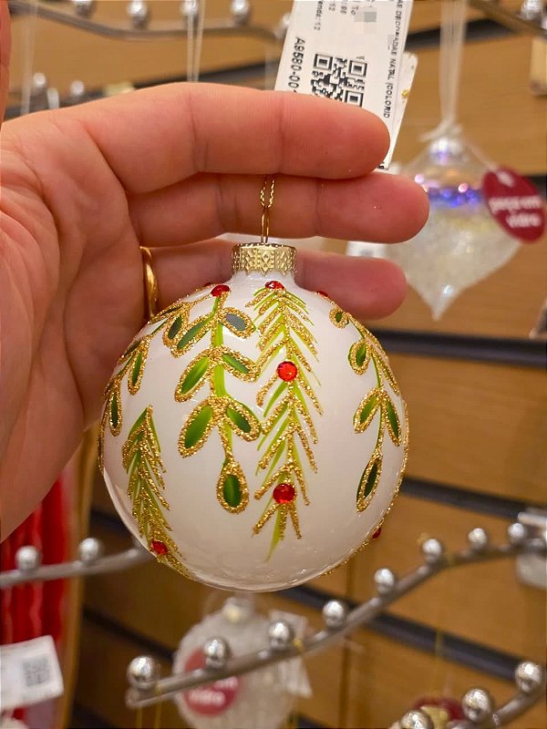 BOLA DE VIDRO BRANCA TRABALHADA 8CM - PRÉ VENDA 2026