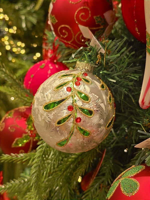 BOLA DE VIDRO BRANCA DECORADA 8CM - PRÉ VENDA 2026