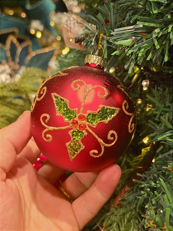 BOLA DE VIDRO VERMELHA DECORADA 8CM - PRÉ VENDA 2026