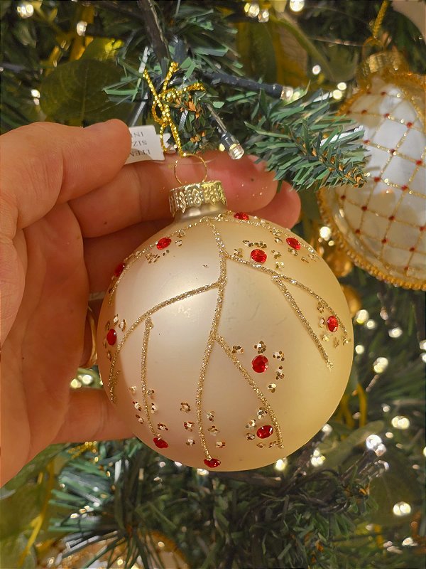 BOLA DE VIDRO BRANCA COM CHAMPANHE 8CM - PRÉ VENDA 2026