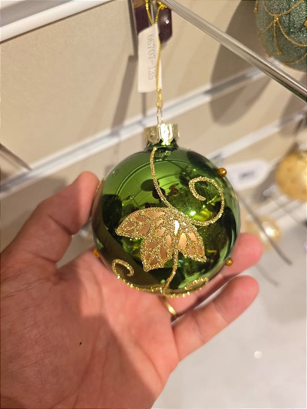 BOLA DE VIDRO VERDE COM DOURADO 8CM - PRÉ VENDA 2026