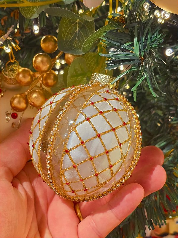 BOLA DE VIDRO BRANCA COM DOURADA 8CM - PRÉ VENDA 2026