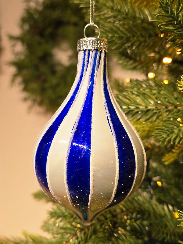 ORNAMENTO GOTA DE VIDRO AZUL E BRANCA 7CM