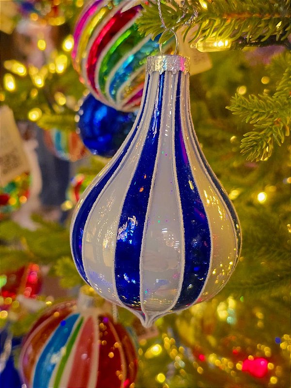 ORNAMENTO GOTA DE VIDRO AZUL E BRANCA 7CM - PRÉ VENDA 2026
