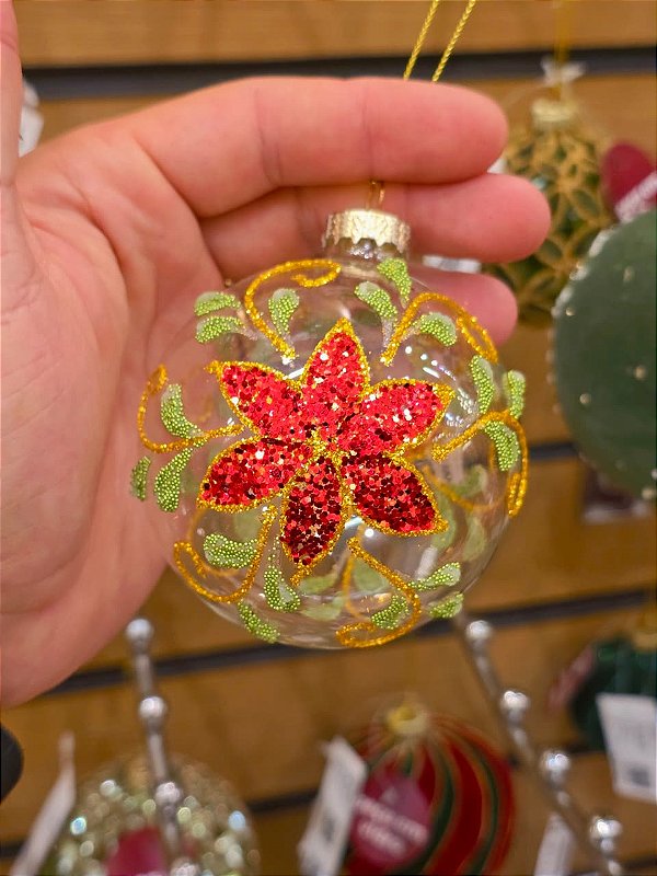 BOLA DE VIDRO TRANSPARENTE DECORADA 8CM - PRÉ VENDA 2026