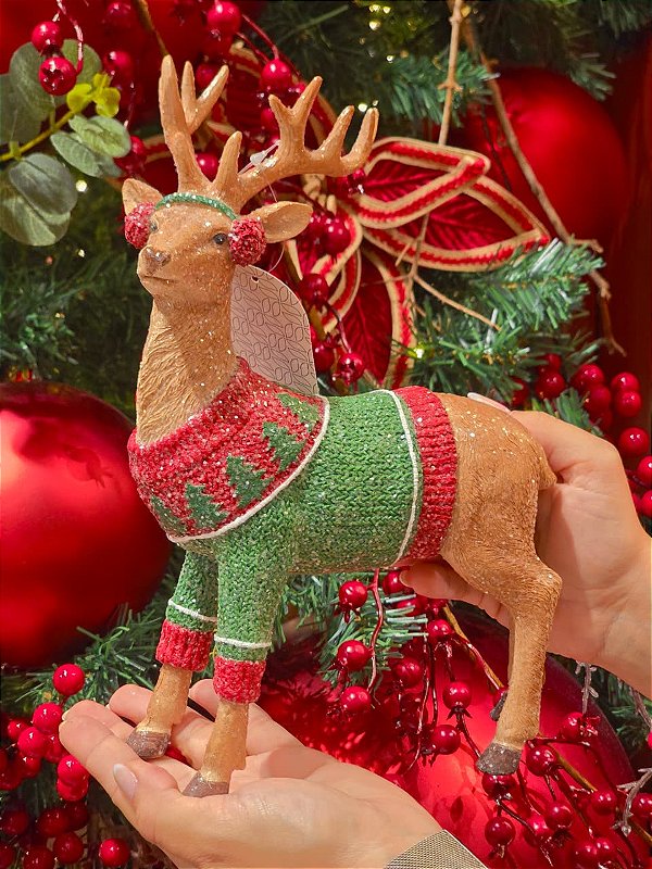 RENA EM PÉ COM CASACO DE TRICO EM RESINA 28CM - PRÉ VENDA 2026