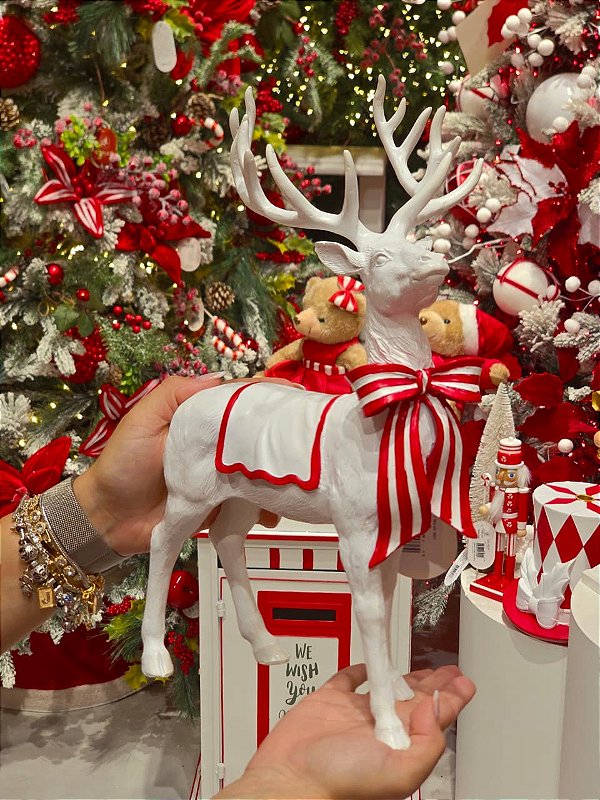 RENA EM PÉ BRANCA COM LAÇO EM RESINA 35CM - PRÉ VENDA 2026