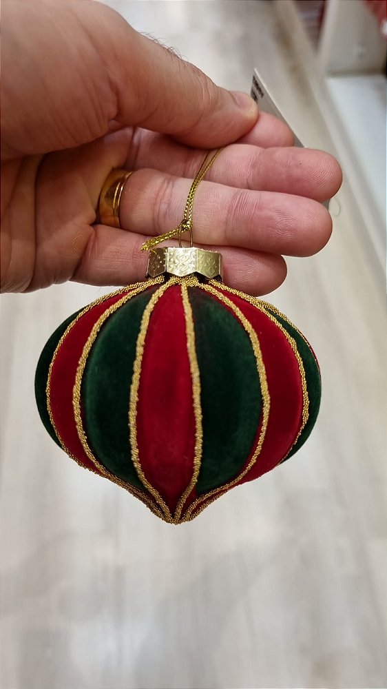 ORNAMENTO DE VIDRO VELUDO VERDE E VERMELHO 8CM - PRÉ VENDA 2026
