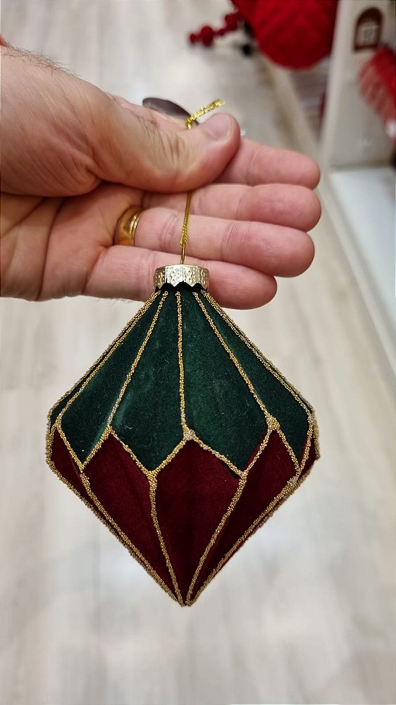 ORNAMENTO DE VIDRO VELUDO VERDE E VERMELHO 12CM - PRÉ VENDA 2026