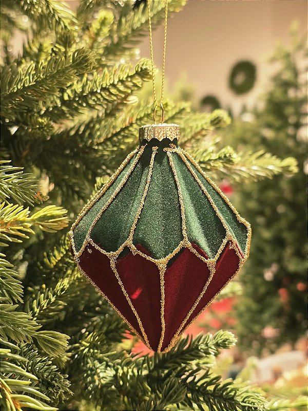 ORNAMENTO DE VIDRO VELUDO VERDE E VERMELHO 12CM