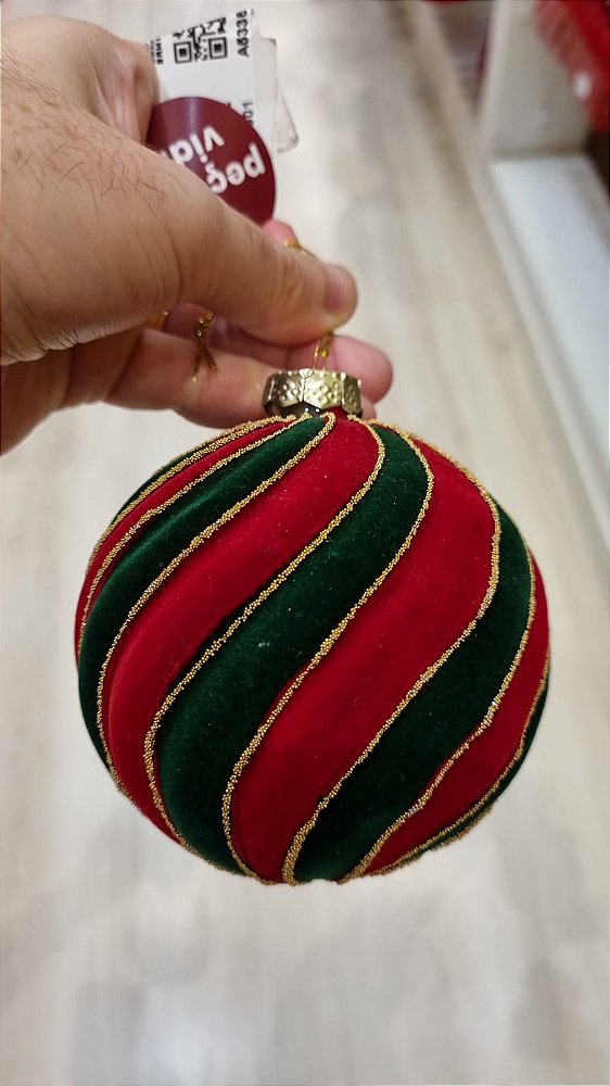 BOLA DE VIDRO VELUDO VERDE E VERMELHO 10CM - PRÉ VENDA 2026