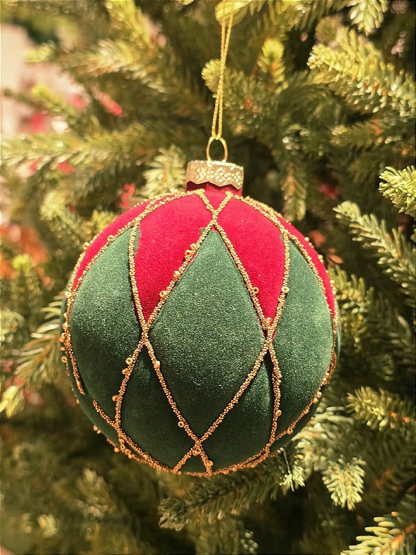 BOLA DE VIDRO VELUDO VERDE E VERMELHO 10CM