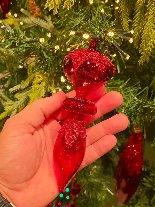 ORNAMENTO GOTA DE VIDRO VERMELHA TRANSPARENTE 16CM - PRÉ VENDA 2026